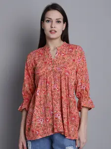 Roly Poly Floral Printed Mandarin Collar Pure Cotton A-Line Top