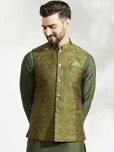 KISAH Men Woven Jacquard Zari  Regular Fit Nehru Jacket