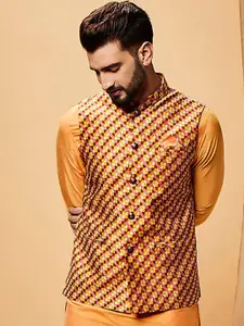 KISAH Geometric Woven Design Nehru Jacket