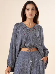 AKKRITI BY PANTALOONS Abstract Printed V-Neck Puff Sleeve Embroidered Crop Top