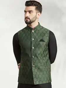 KISAH Men Woven Jacquard Zari  Regular Fit Nehru Jacket