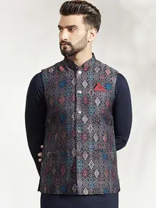 KISAH Men Woven Jacquard Zari  Regular Fit Nehru Jacket