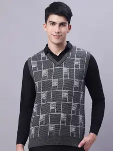VENITIAN Checked V-Neck Acrylic Sleeveless Sweater Vest