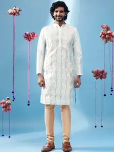 KISAH Geometric Embroidered Mandarin Collar Kurta With Churidar