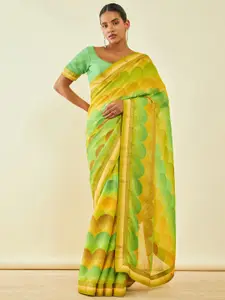 Soch Yellow & Green Abstract Printed Beads and Stones Saree