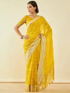 Soch Yellow & Gold-Toned Floral Embroidered Zari Organza Saree