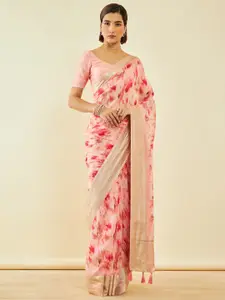 Soch Peach-Coloured & Red Floral Printed Zari Organza Saree