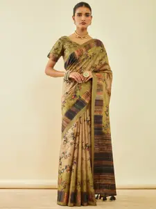 Soch Olive Green & Brown Floral Printed Saree
