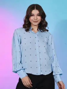 Mitera Geometric Printed Mandarin Collar Cuffed Sleeve Pleated Shirt Style Top