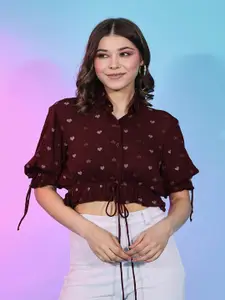 Mitera Conversational Printed Shirt Collar Puff Sleeve Tie Up Crop Cinched Waist Top