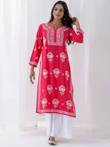 HOUSE OF KARI Floral Chikankari Embroidered Notched Round Neck Straight Kurta