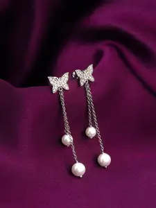 GIVA Rhodium-Plated Pearl Beaded Contemporary Drop Earrings