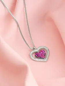 GIVA Rhodium-Plated CZ Studded Blushing Heart Pendant With Link Chain