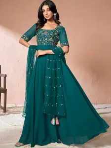 Inddus Teal Floral Embroidered Sequinned Fit and Flare Ethnic Dress With Dupatta
