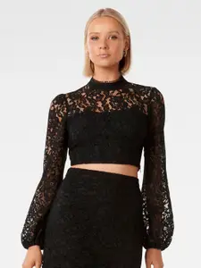 Forever New Self Design High Neck Lace Styled Back Crop Top