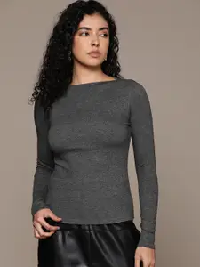 MANGO Ribbed Boat-Neck Fitted Top