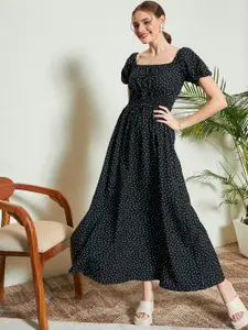 KASSUALLY Black Polka Dot Printed Puff Sleeves Maxi Dress
