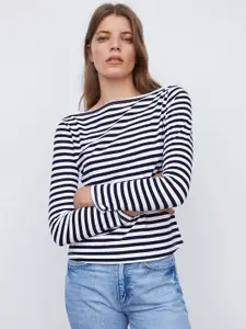 MANGO Striped Boat Neck Pure Cotton T-shirt