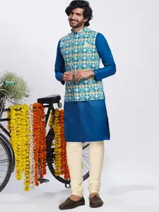 KISAH Geometric Woven Design Kurta With Churidar & Nehru jacket