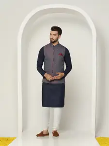 KISAH Men Mandarin Collar Mirror Work Kurta With Churidar & Jacquard Nehru Jacket Set