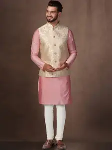 KISAH Geometric Woven Design Kurta With Churidar & Nehru jacket
