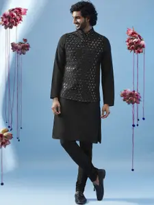 KISAH Geometric Embroidered Mirror Work Kurta With Churidar & Nehru jacket