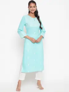 SAVI Ethnic Motifs Embroidered Keyhole Neck Straight Cotton Kurta