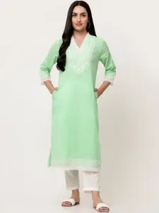 SAVI Ethnic Motifs Yoke Design Thread Work Pure Cotton Straight Kurta