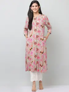 SAVI Floral Printed Band Colllar Kurta