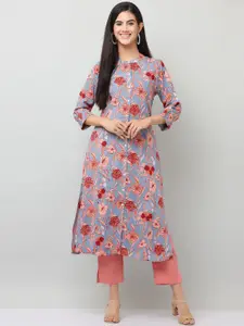SAVI Floral Printed Band Collar Straight Kurta