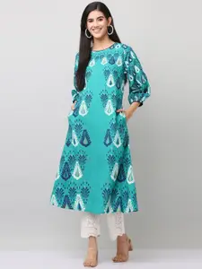 SAVI Ethnic Motifs Printed Puff Sleeves A-Line Kurta