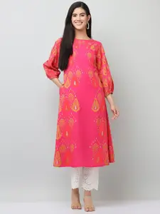 SAVI Ethnic Motifs Printed Puff Sleeves A-Line Kurta