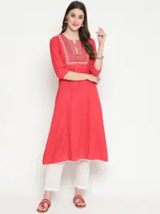 SAVI Ethnic Yoke Design Thread Work Pure Cotton A-Line Kurta