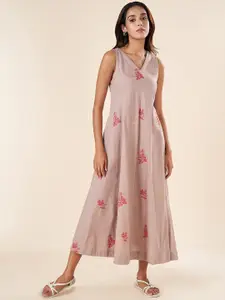 AKKRITI BY PANTALOONS Floral Printed V-Neck Sleeveless Cotton A-Line Midi Dress