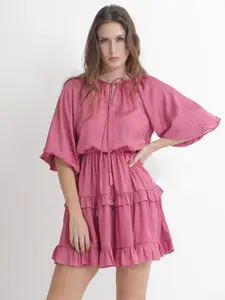 RAREISM Tie-Up Neck Flared Sleeves Tiered Gathered Cotton Fit & Flare Mini Dress