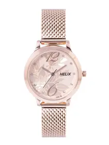 Helix Women Rose Gold-Toned Printed Dial & Rose Gold Toned Stainless Steel Bracelet Style Straps Analogue Watch