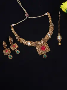 FIROZA Gold-Plated Kundan Studded Necklace & Earrings With Maang Tika