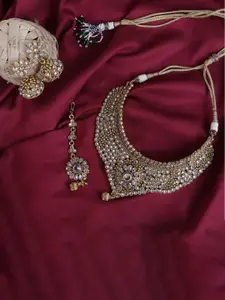 FIROZA Gold-Plated Crystal-Studded Necklace & Earrings With Maang Tika