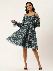 Ethnovog Floral Printed Cold-Shoulder A-Line Dress