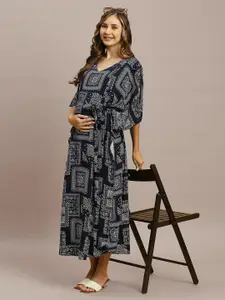 MomToBe Ethnic Motifs Printed V-Neck Tie-Ups A-Line Maternity Midi Dress
