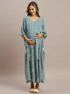 MomToBe Ethnic Motifs Printed V-Neck Tie-Ups Kaftan Maternity Dress