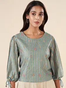 AKKRITI BY PANTALOONS Vertical Stripes Round Neck Puff Sleeve Embroidered Regular Top