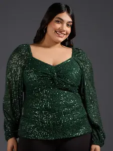 20Dresses Plus Size Green Embellished Sweetheart Neck Twisted Puff Sleeve Empire Top