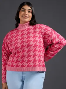 20Dresses Plus Size Pink Geometric Printed Turtle Neck Acrylic Pullover Sweater
