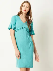 Miss Chase Women Turquoise Blue Solid A-Line Dress