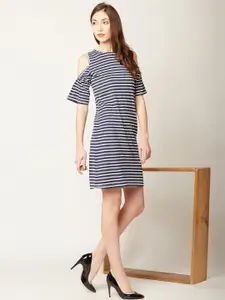 Miss Chase Women Navy Blue Striped Knee Length Sheath Dress
