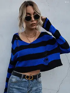 LULU & SKY Striped V-Neck Long Sleeve Crop Sweatshirt