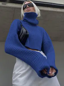 LULU & SKY Ribbed Knitted Drop Shoulder Sleeves High Neck Crop Pullover