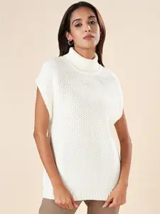 AKKRITI BY PANTALOONS Open Knit Turtle Neck Short Sleeves Acrylic Pullover Sweater