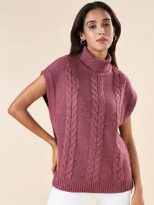 AKKRITI BY PANTALOONS Cable Knit Turtle Neck Short Sleeves Acrylic Pullover Sweater